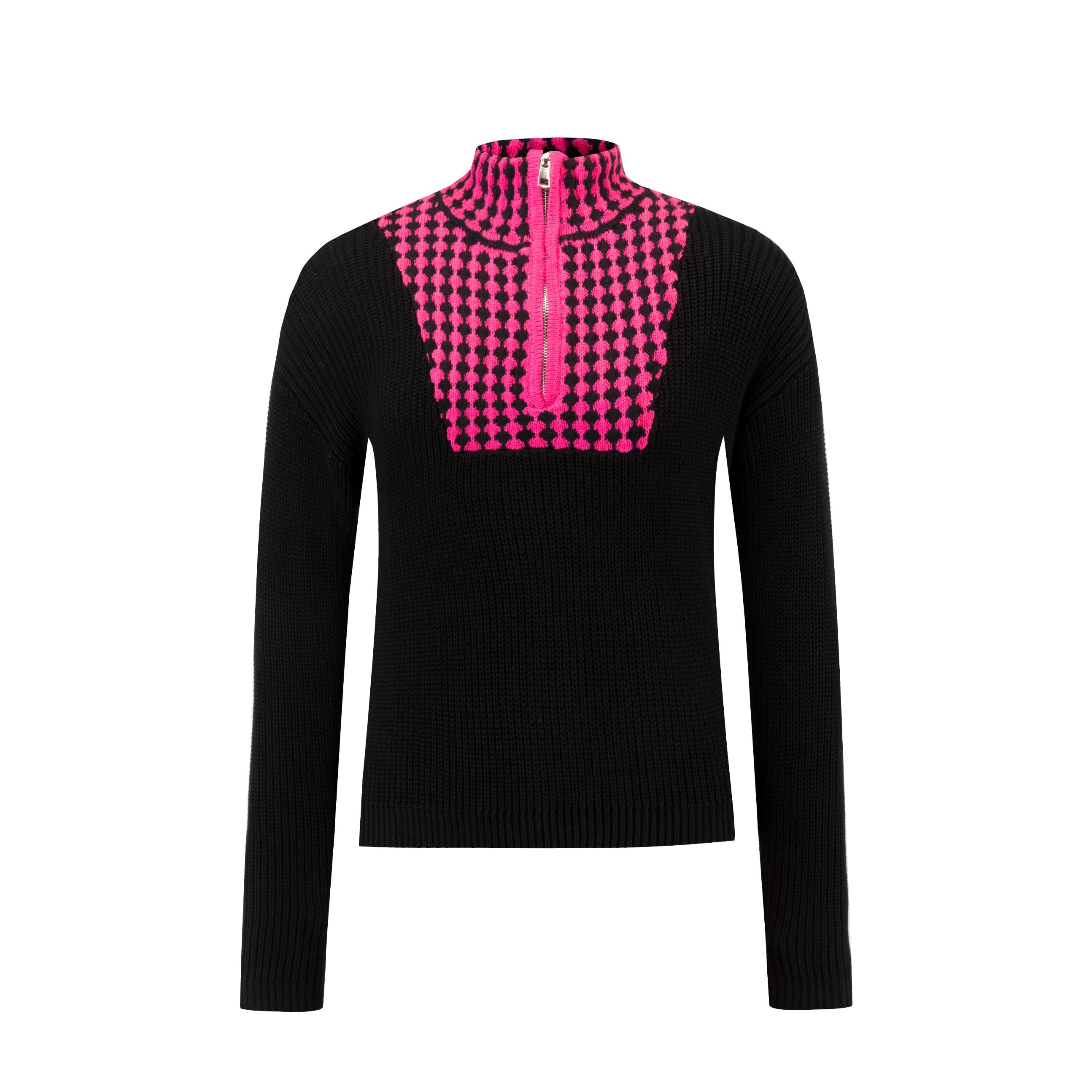 Black Knit Half Zip With Hot Pinkbib Details