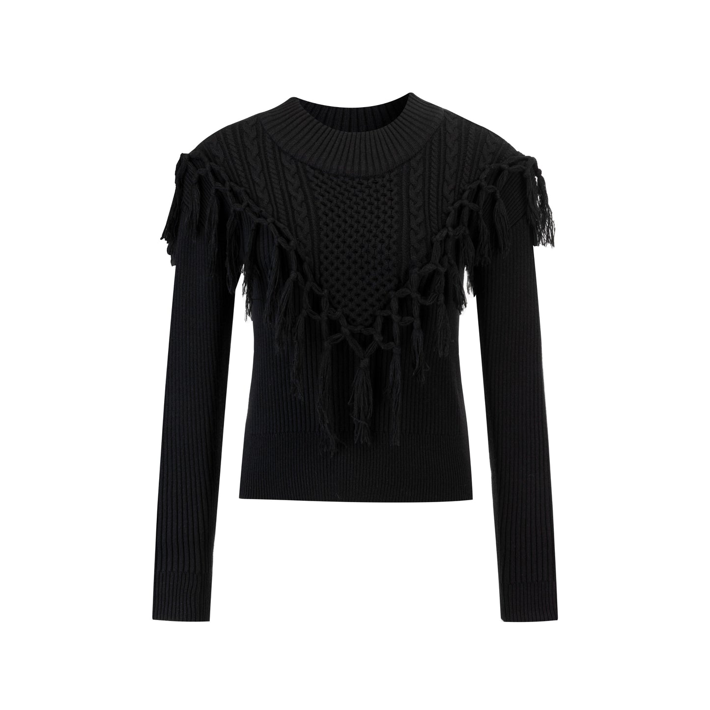 Black Knit Top With Fringes Overlay