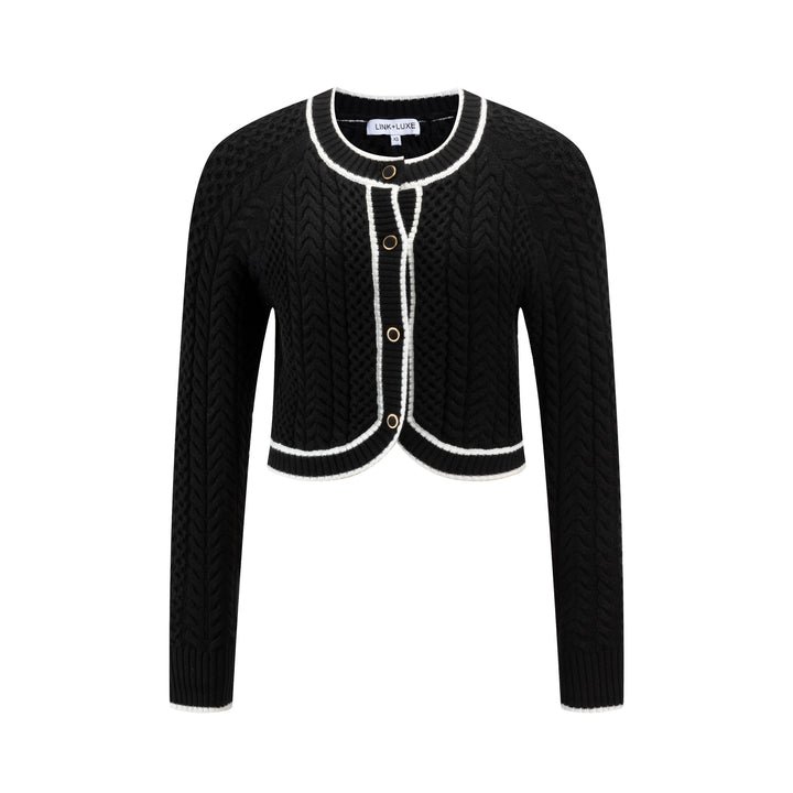 Black Cable Knit Cardigan With White Contrast