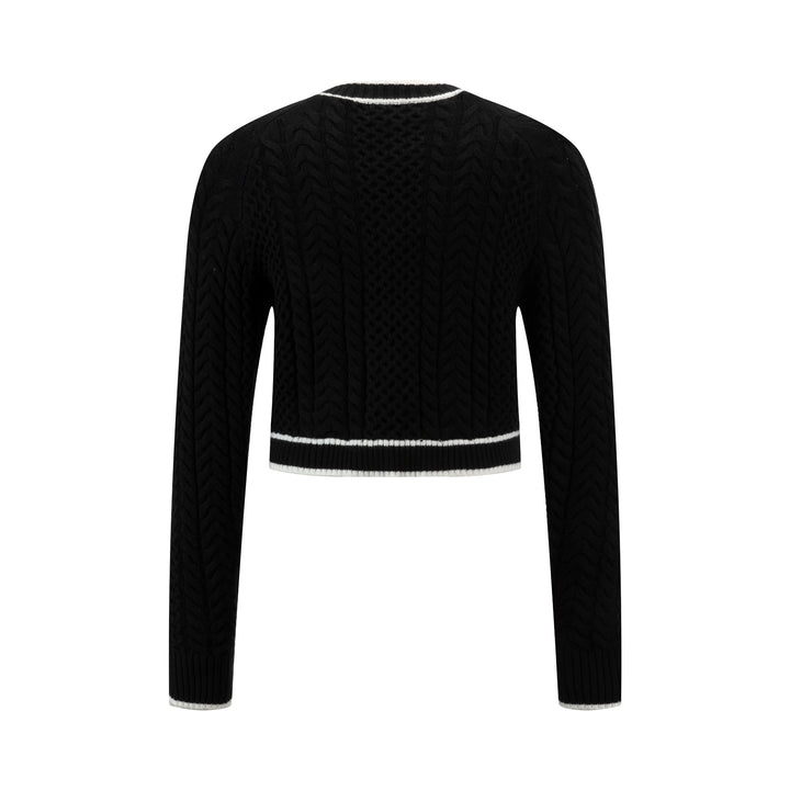 Black Cable Knit Cardigan With White Contrast