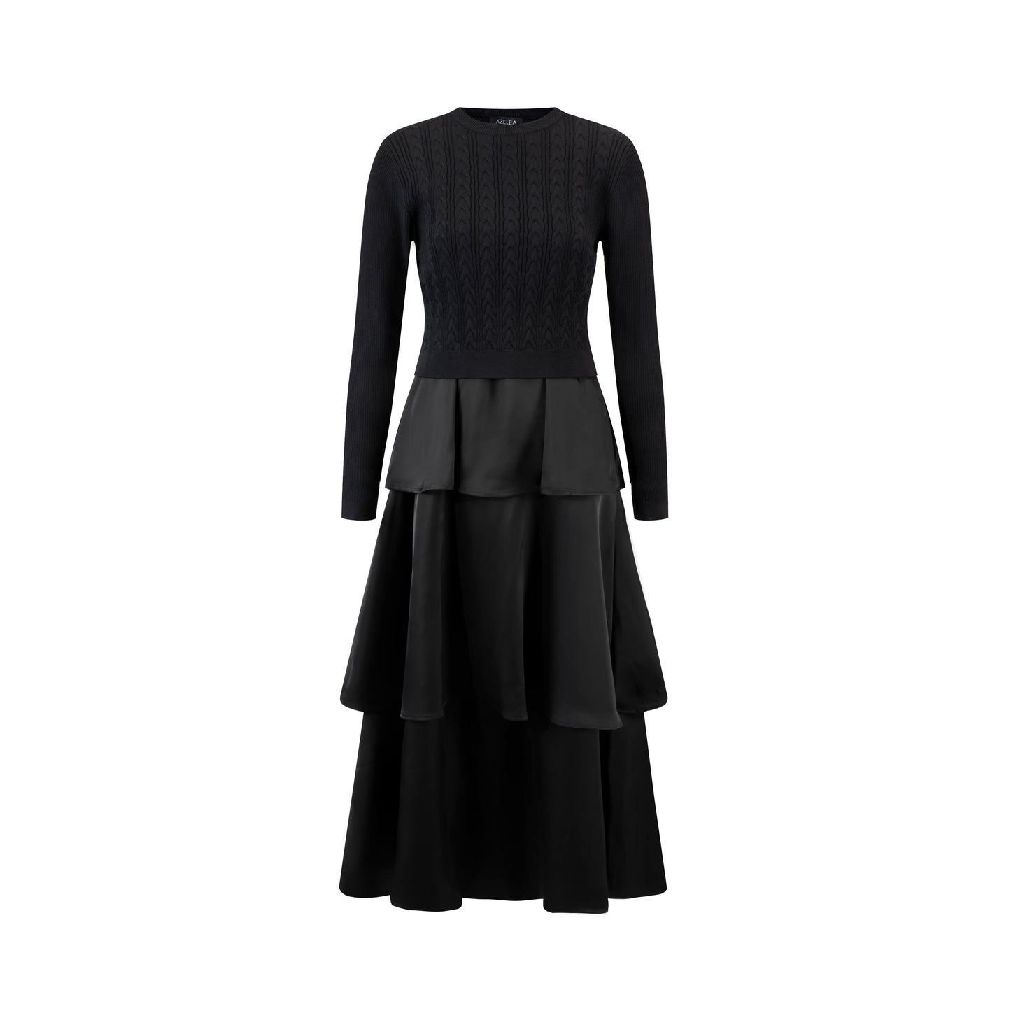 Black Silk Tiered Dress With Knit Overlay