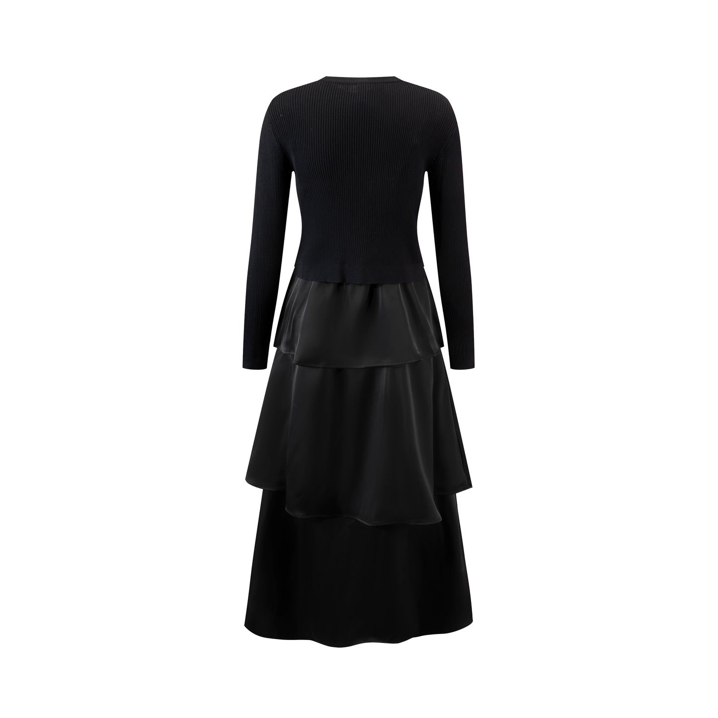 Black Silk Tiered Dress With Knit Overlay