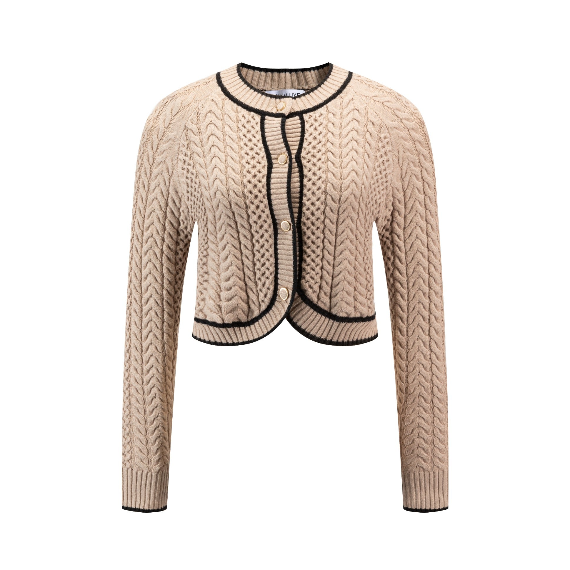 Beige Cable Knit Cardigan With Black Pipung