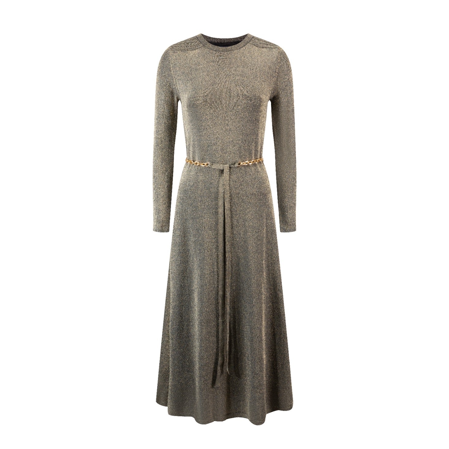 Knit Metalic Gold Belted Dress