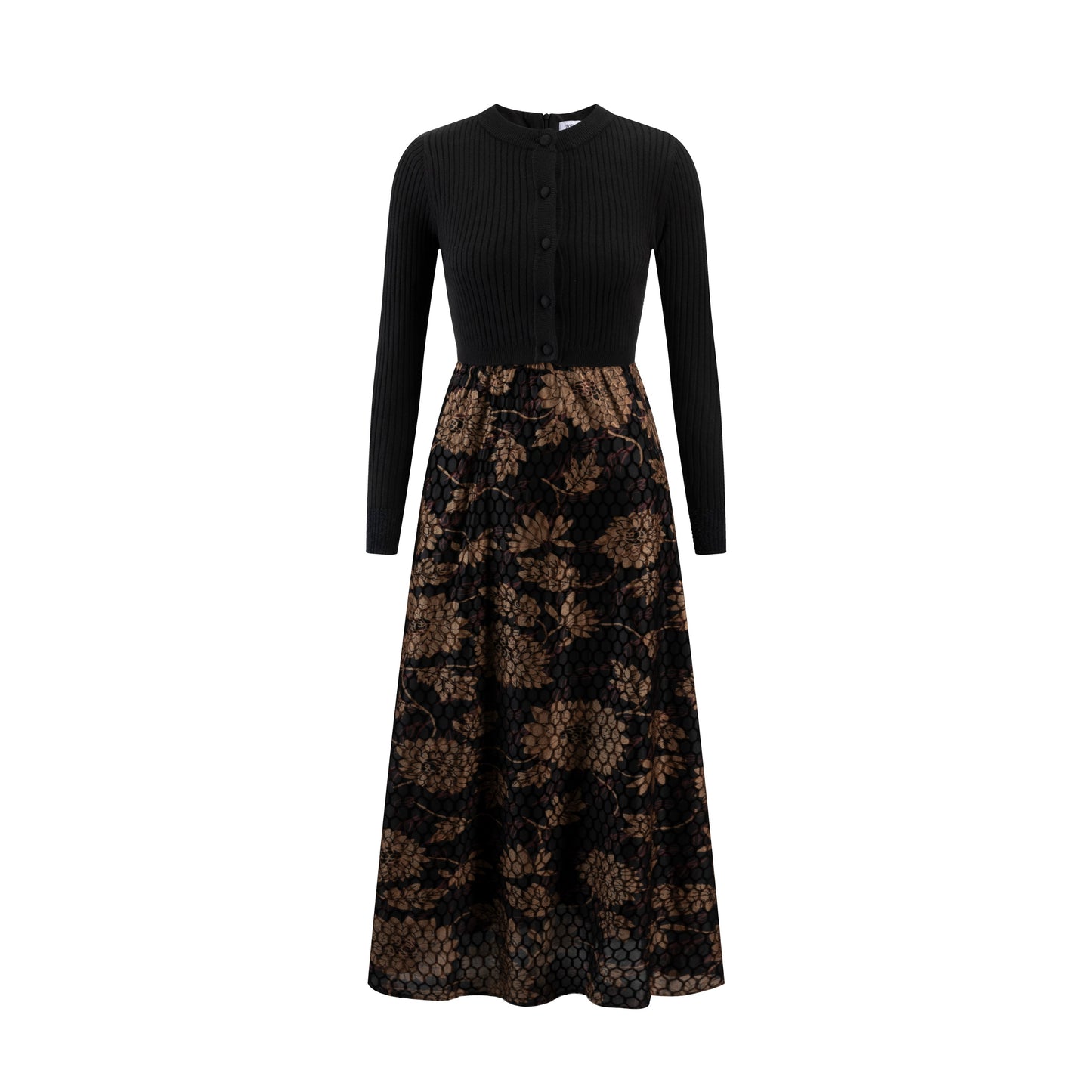 Black Knit Overlay With Brown Velvet Printed Bottom Dress