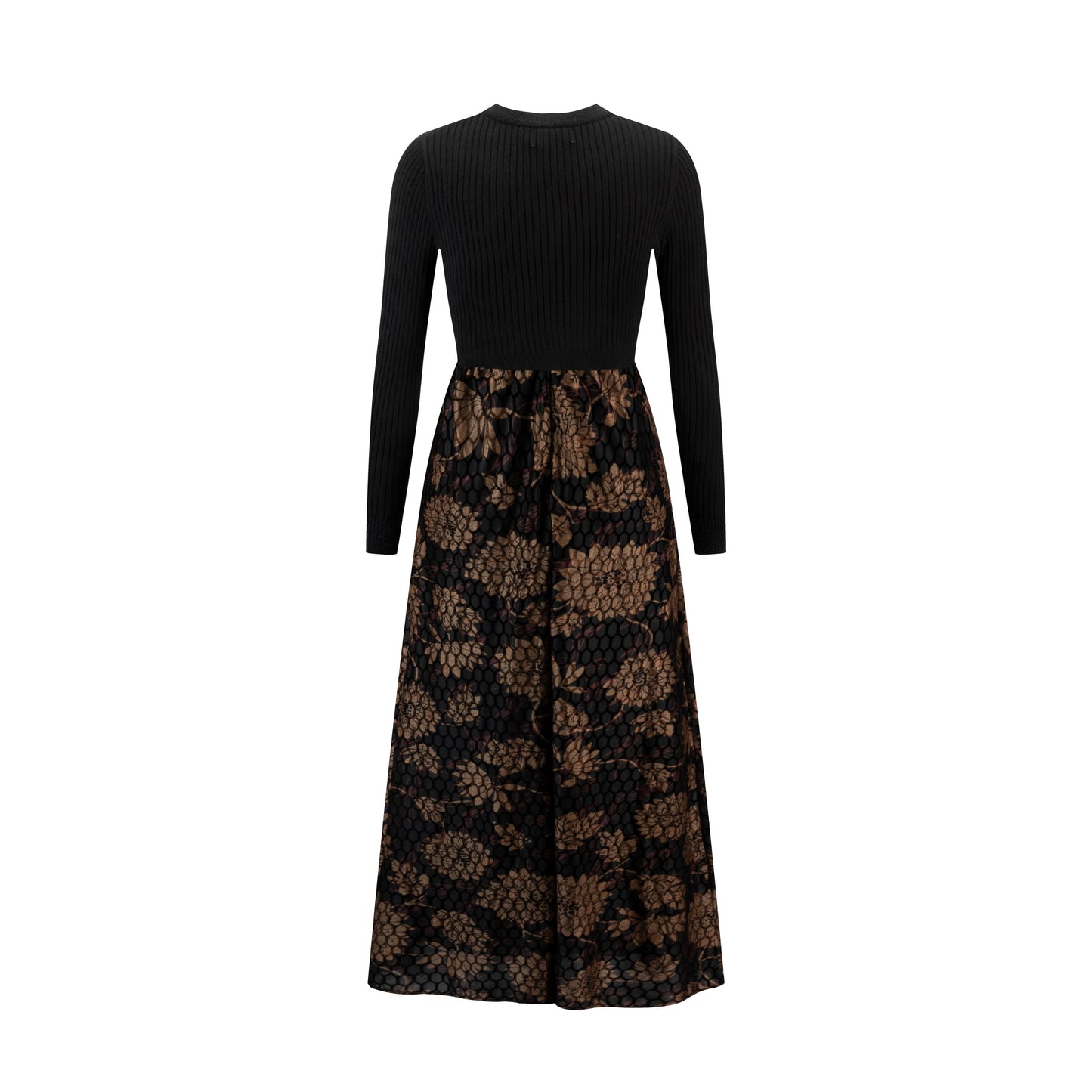 Black Knit Overlay With Brown Velvet Printed Bottom Dress