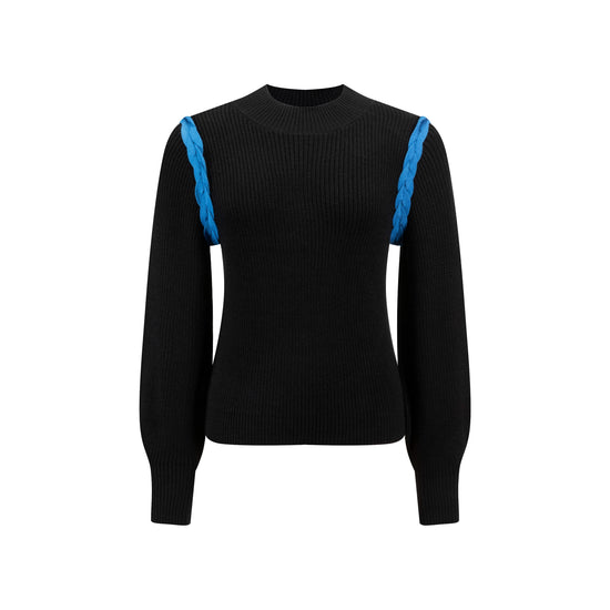 Black Knit With Blue Braided Detailed Top