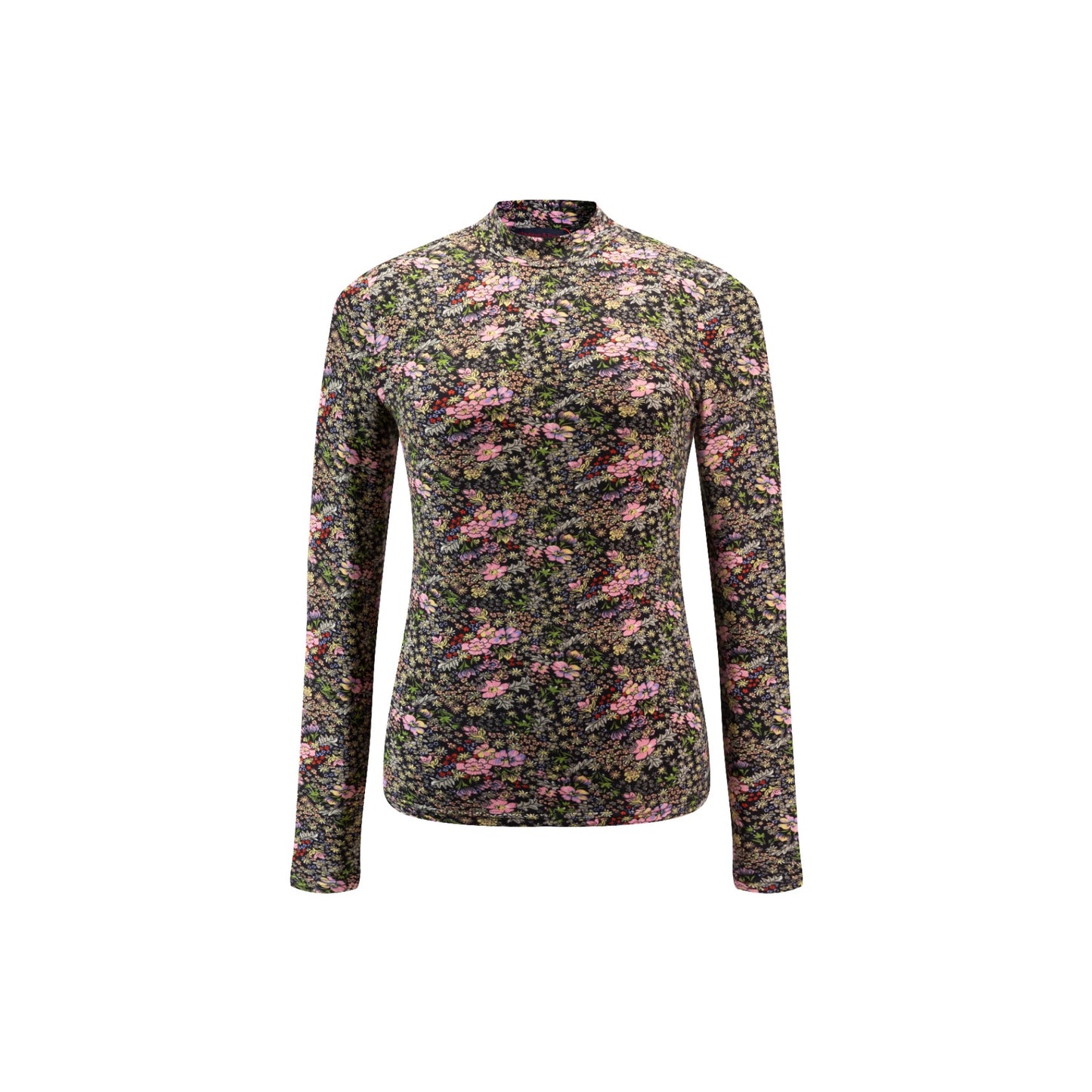 Black Multi Floral Tshirt Mock Neck