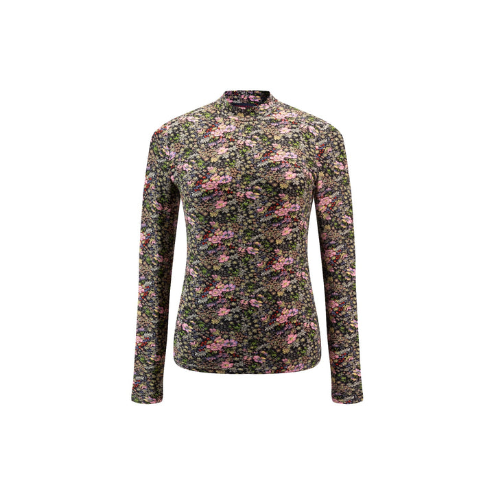 Black Multi Floral Tshirt Mock Neck