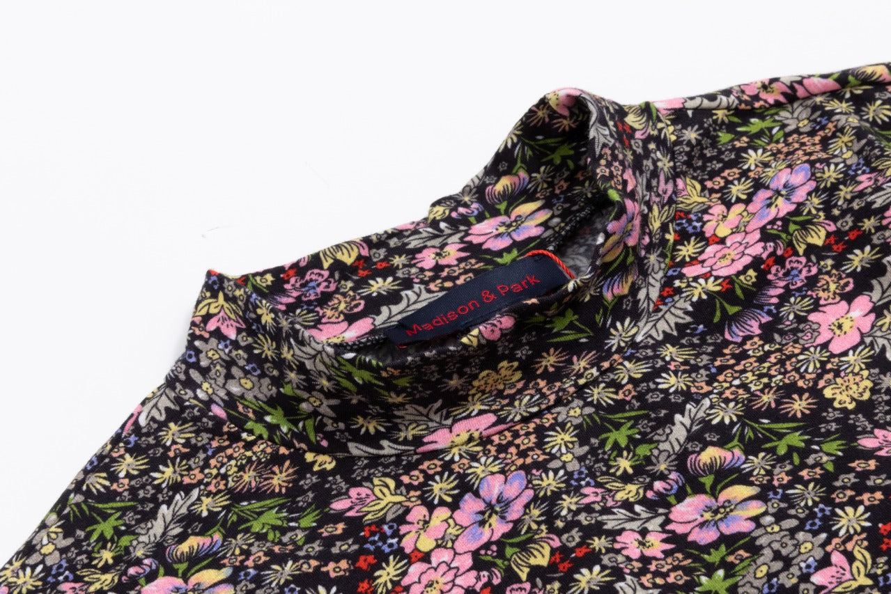 Black Multi Floral Tshirt Mock Neck