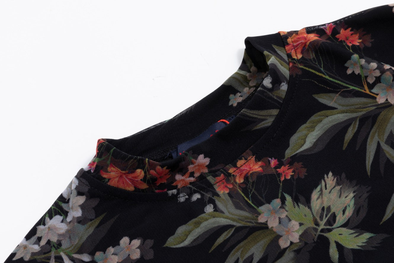 Black Multi Floral Printed Mesh Top