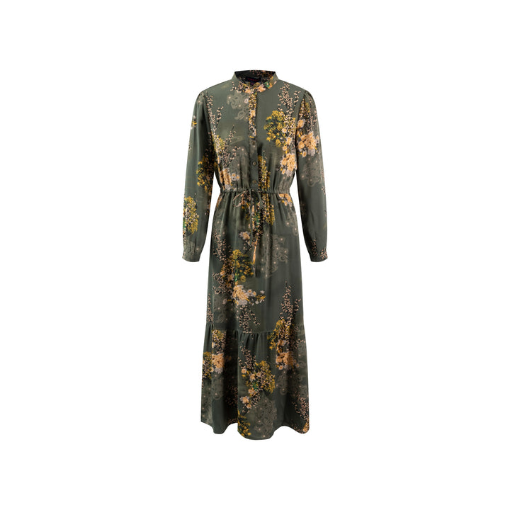 Hunter Green Flower Printed Waist Drawsting Layer Dress