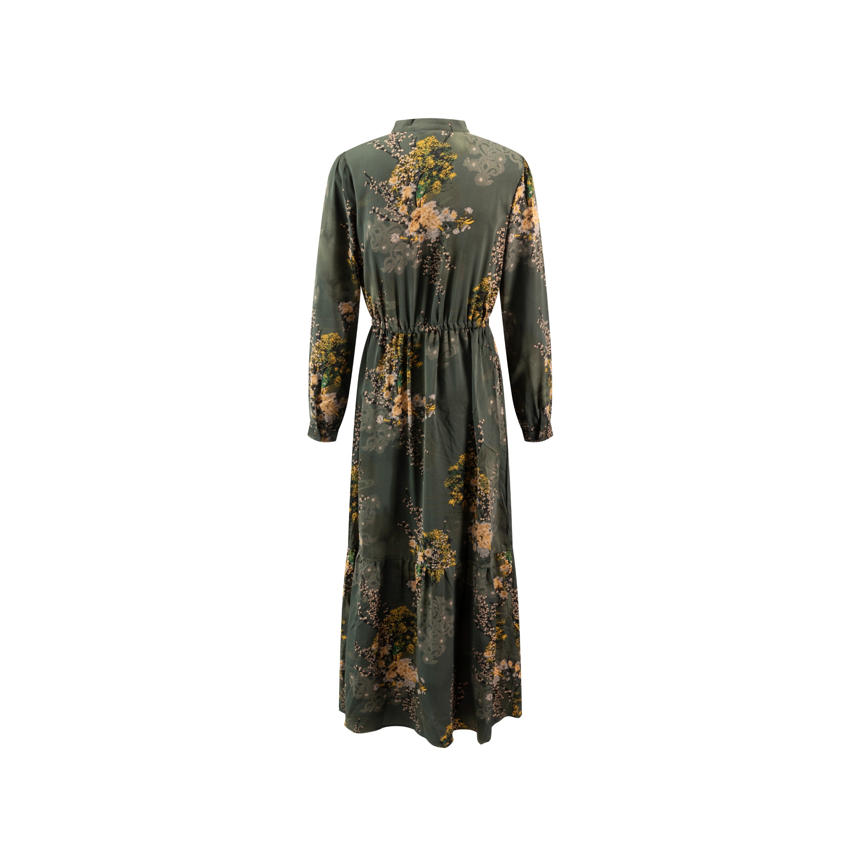 Hunter Green Flower Printed Waist Drawsting Layer Dress