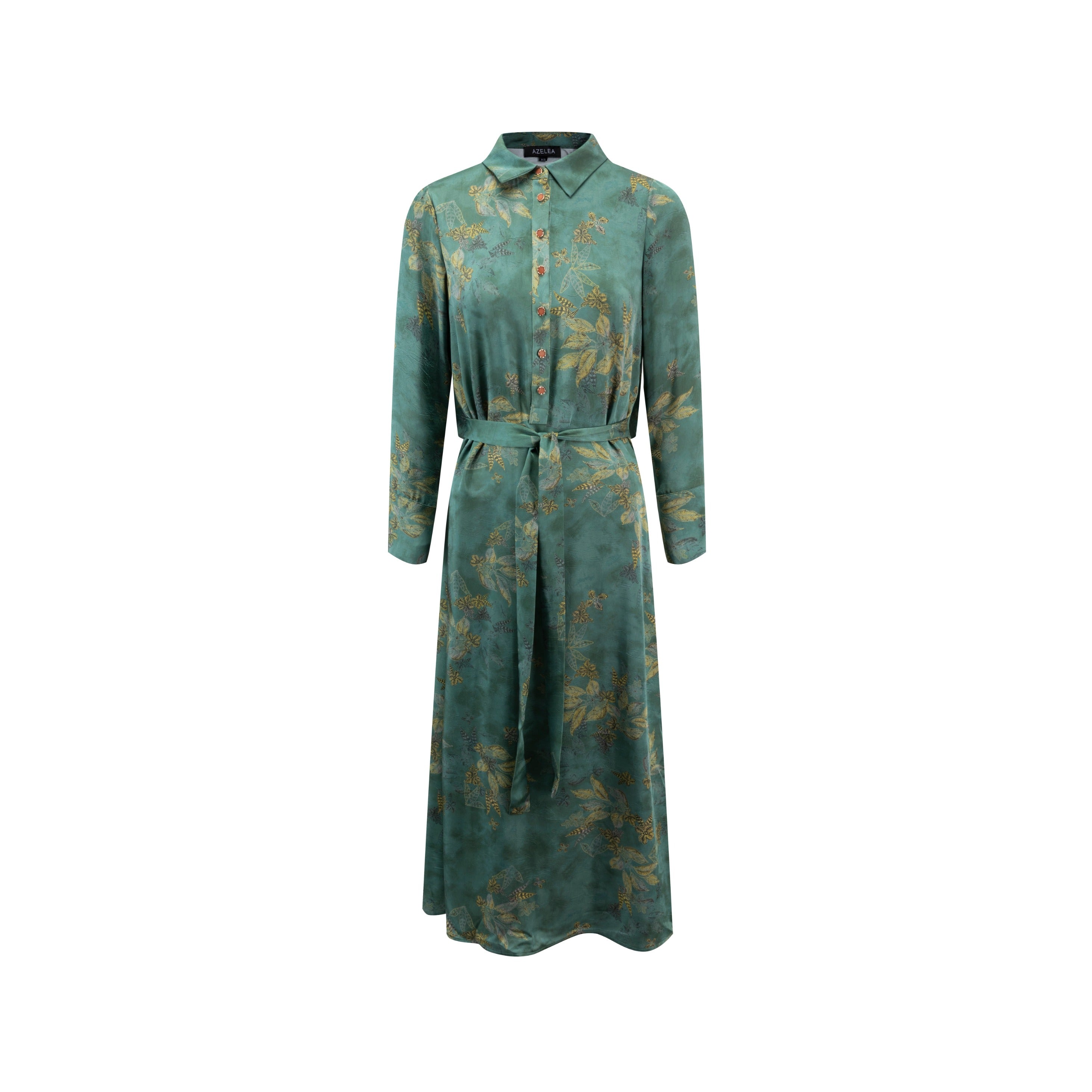 Emerald Green Yellow Leaves Printed Wrinkle Shirt Dress