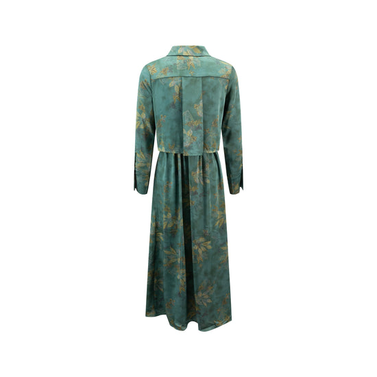 Emerald Green Yellow Leaves Printed Wrinkle Shirt Dress