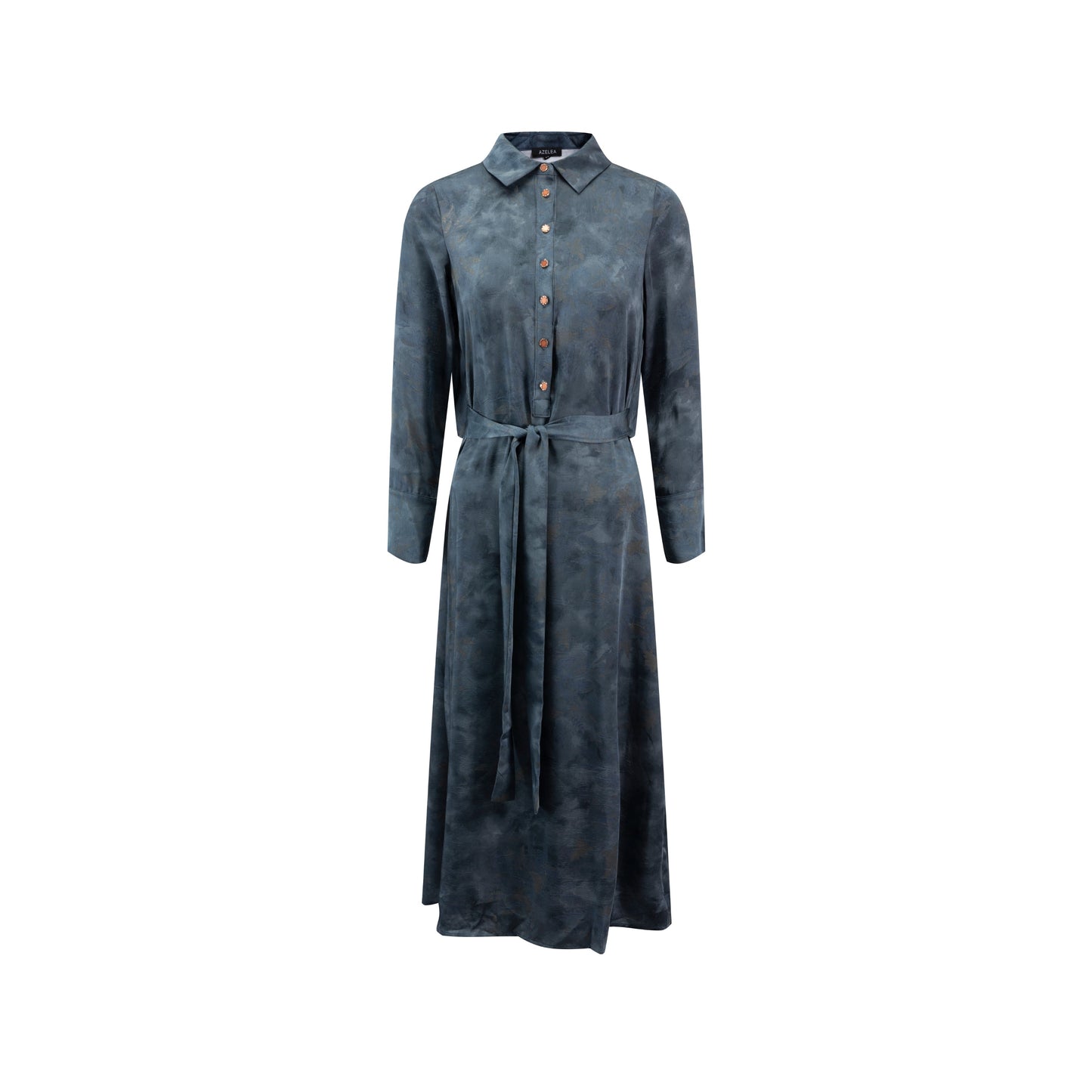 Navy Leaves Printed Wrinkle Shirt Dress