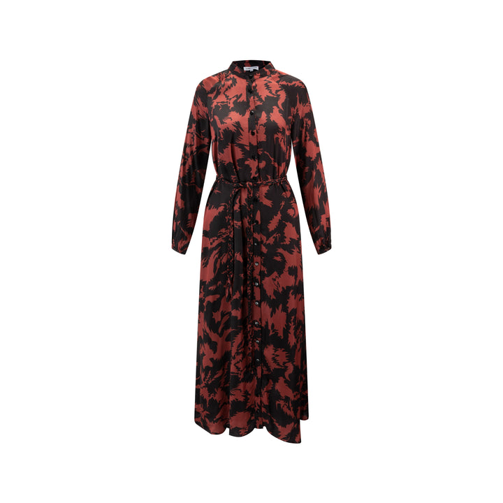 Rust Printed Dress With Weave Waist Belt