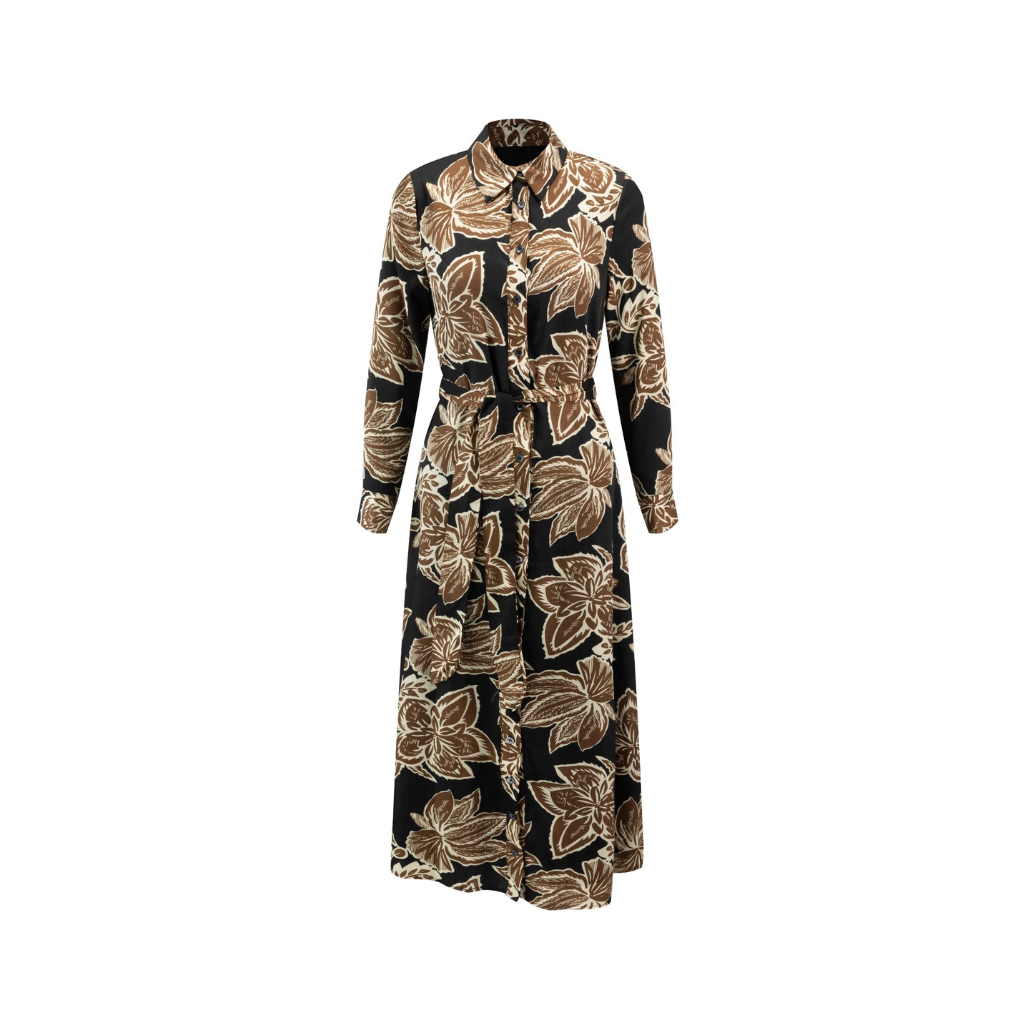 Tan Big Flower Printed Shirt Dress