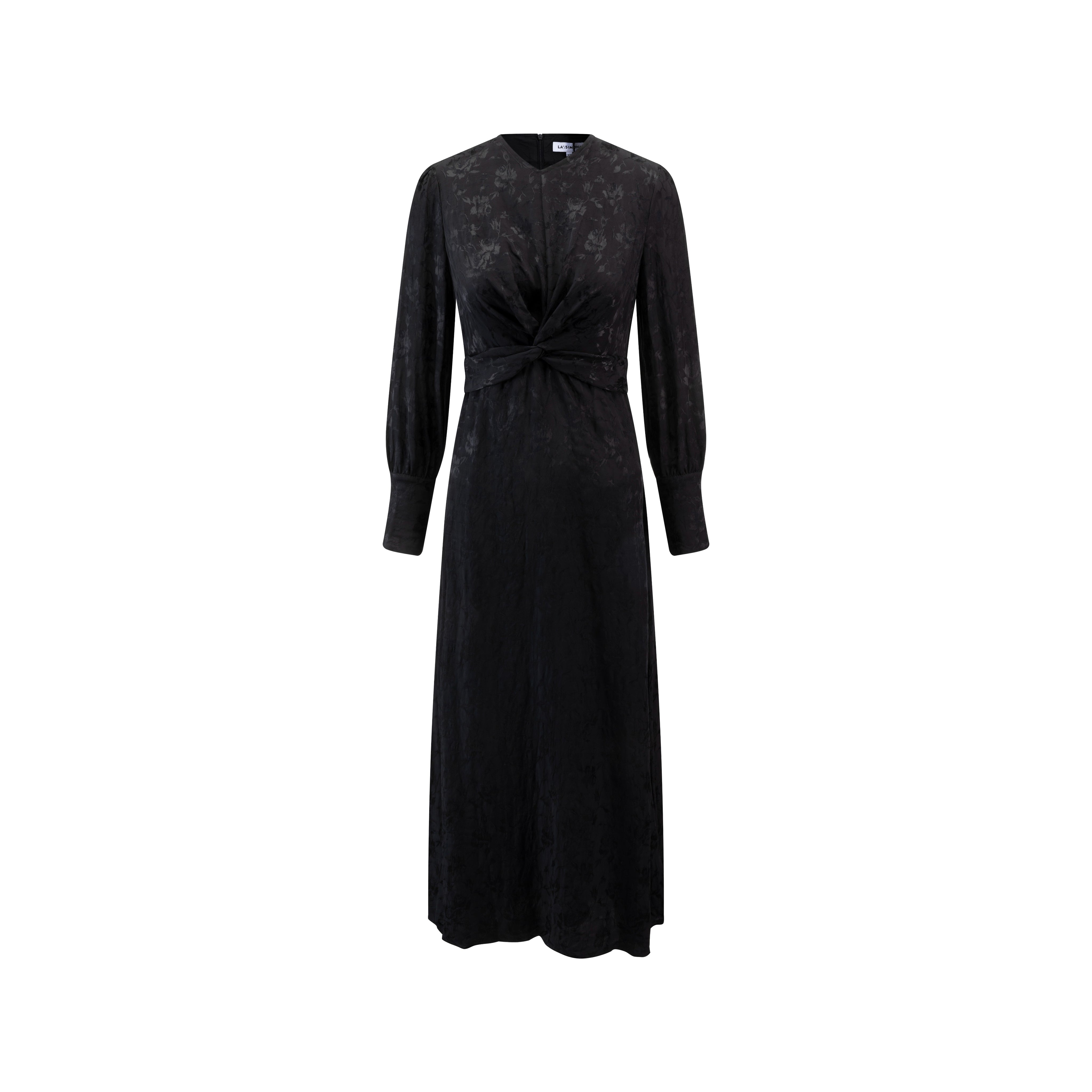 Black Flower Jacquard Waist Knot Dress