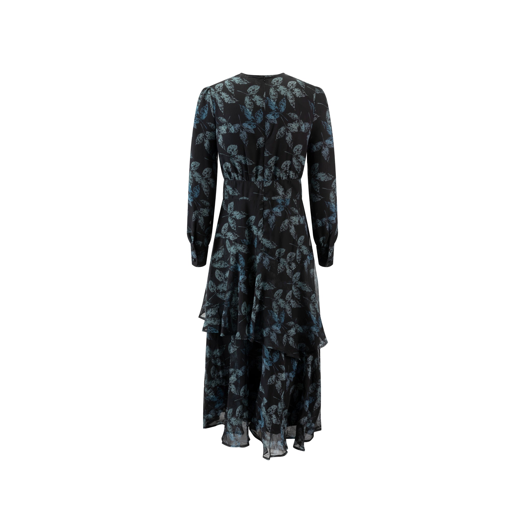 Black Green/Blue Leaves Printed Irregularity Layer Dress