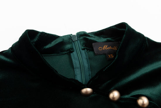 Emerald Green Velvet Chipao With Goldern Buttons Bottom Slit