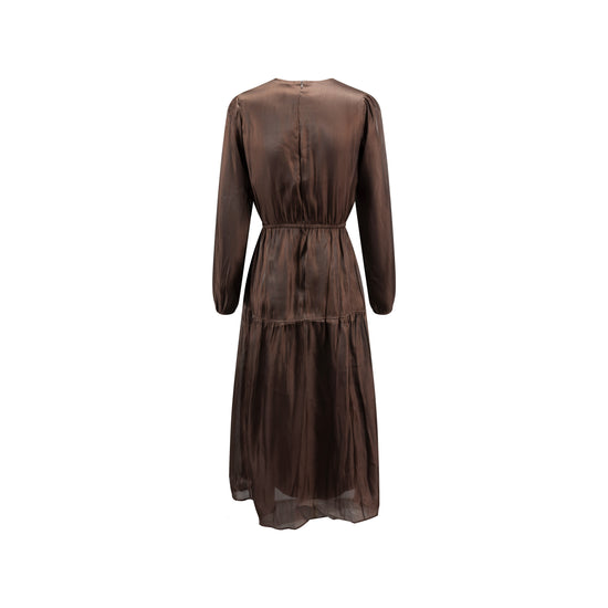 Coffee Solid Seamed Dress With Elastic Cuff