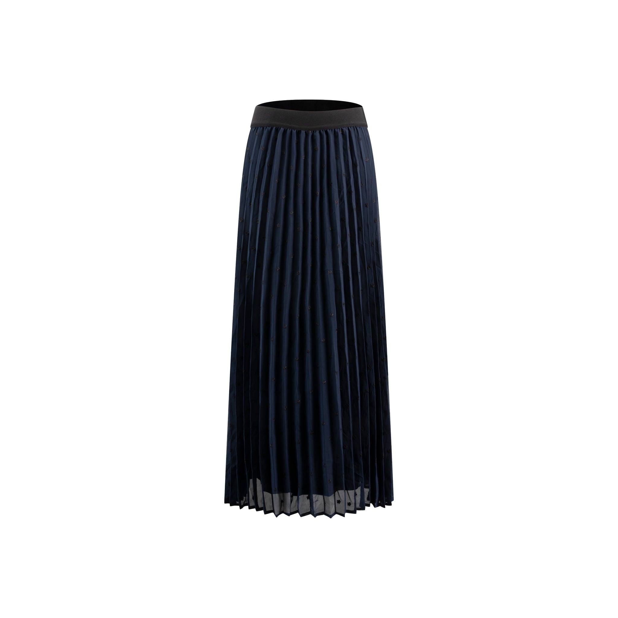 Navy Floral Embroidered Pleated Skirt