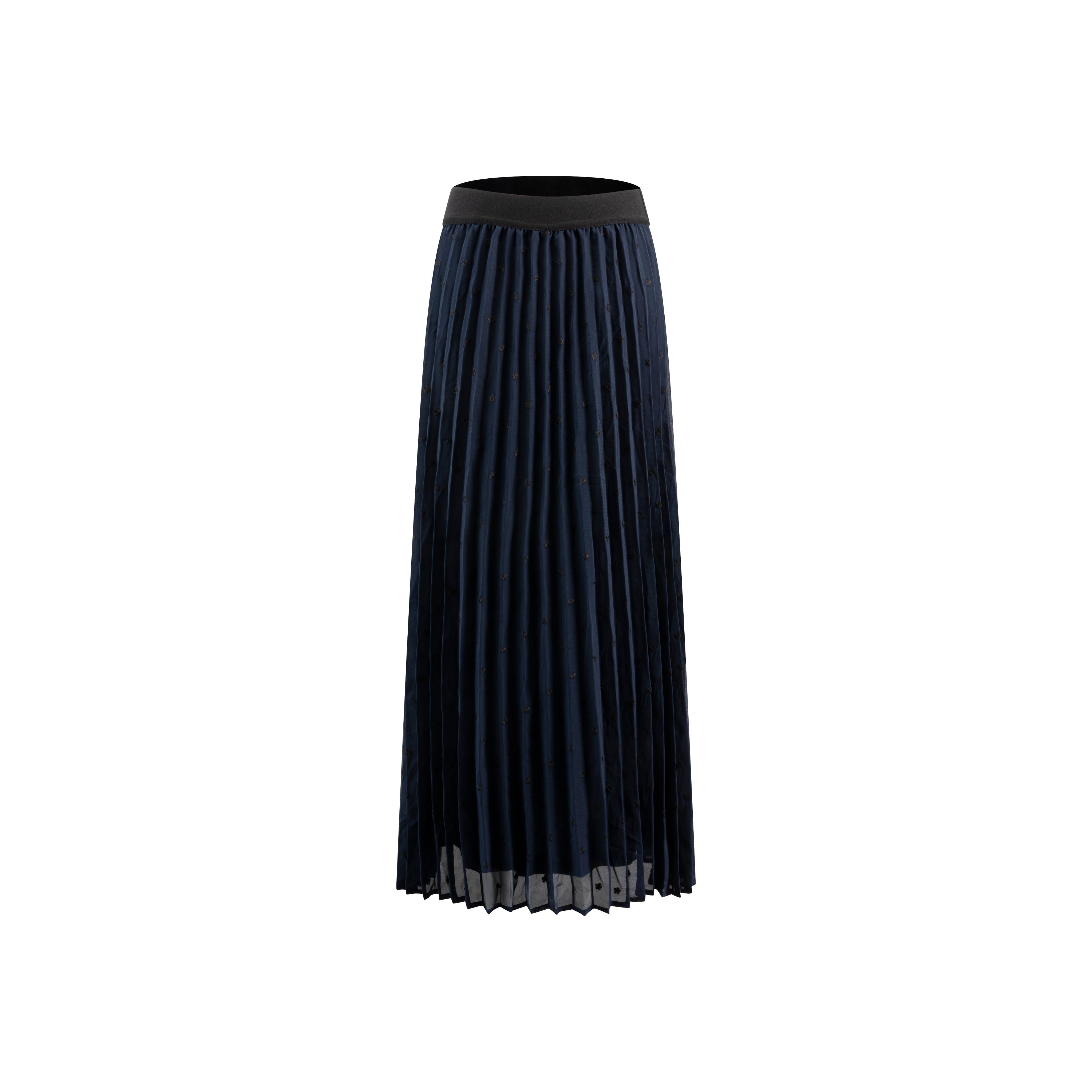 Navy Floral Embroidered Pleated Skirt