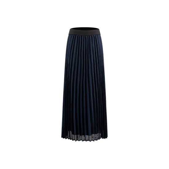 Navy Floral Embroidered Pleated Skirt