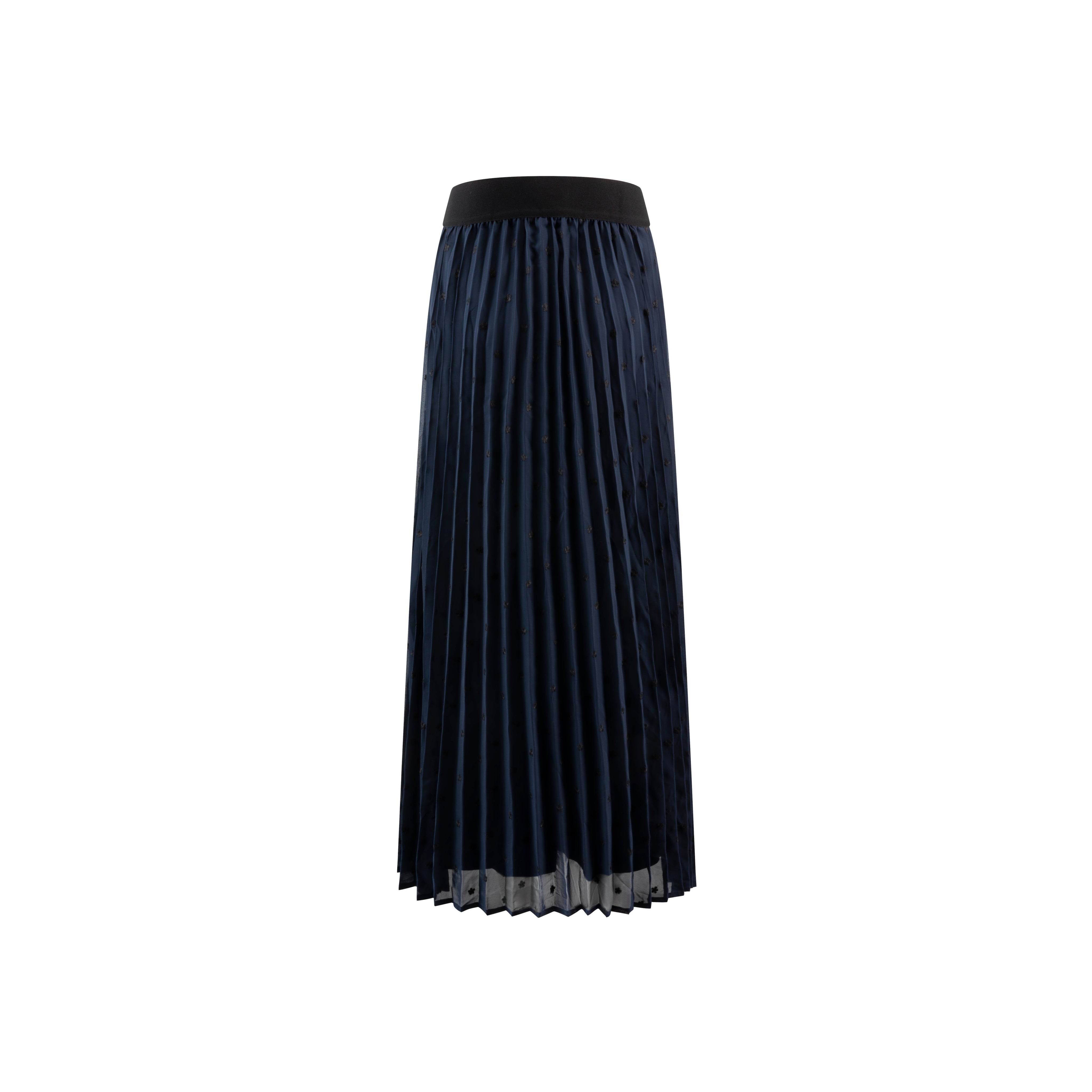 Navy Floral Embroidered Pleated Skirt