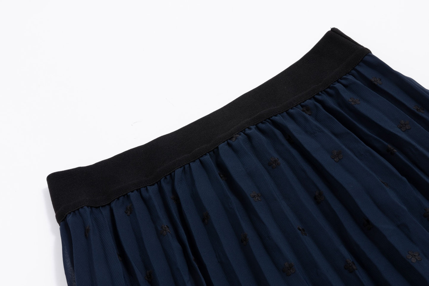 Navy Floral Embroidered Pleated Skirt