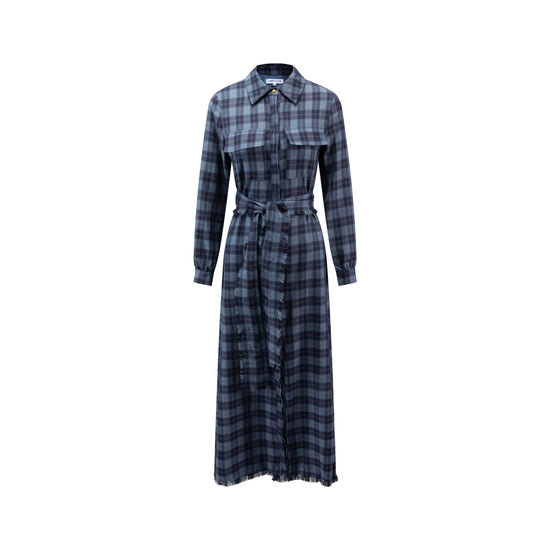 Navy Vichy Plaid Printed Shirt Dress With Fringe Waist Belt