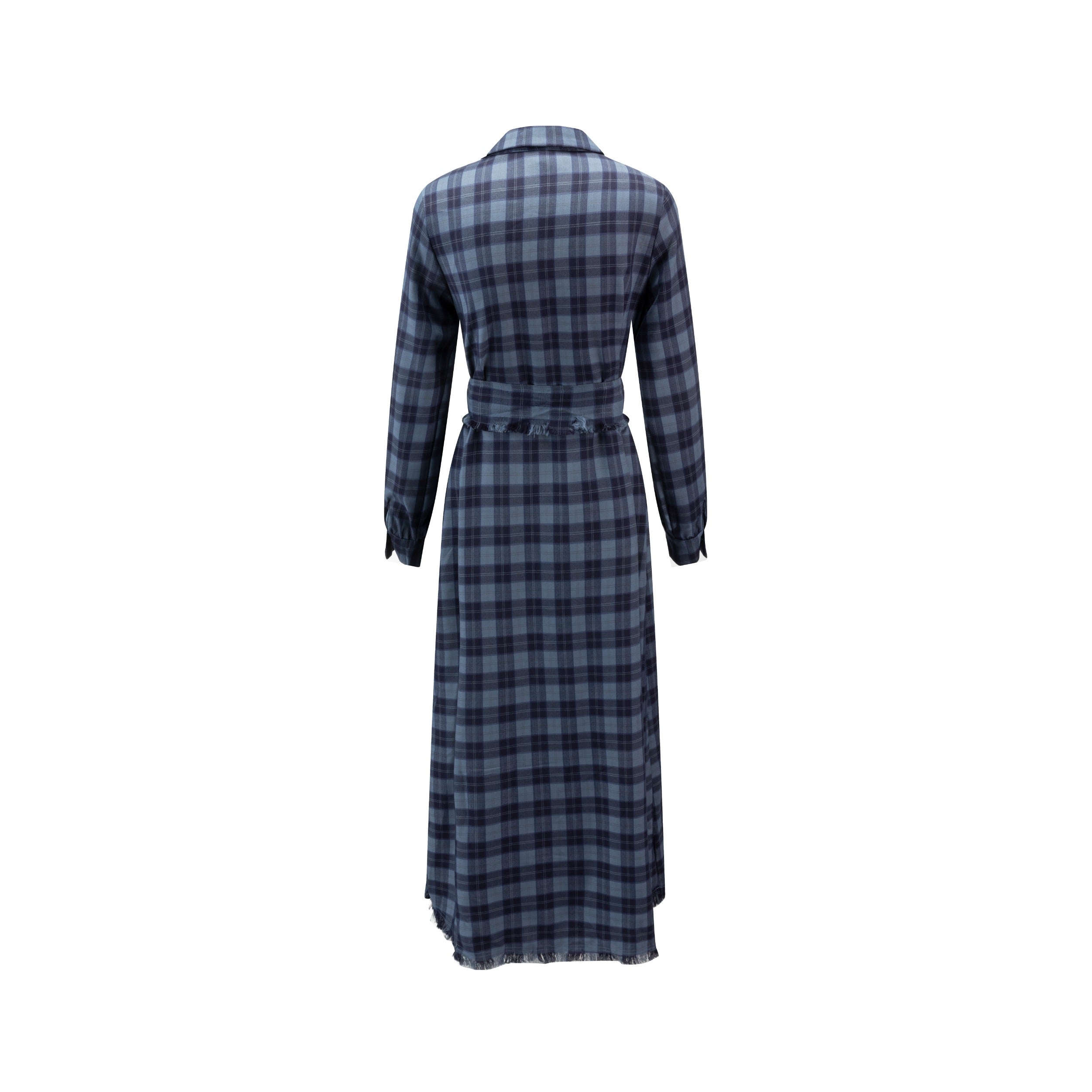 Navy Vichy Plaid Printed Shirt Dress With Fringe Waist Belt