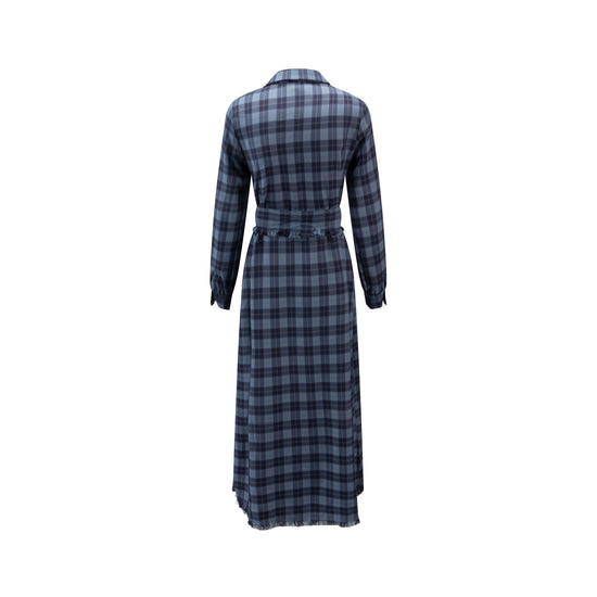 Navy Vichy Plaid Printed Shirt Dress With Fringe Waist Belt