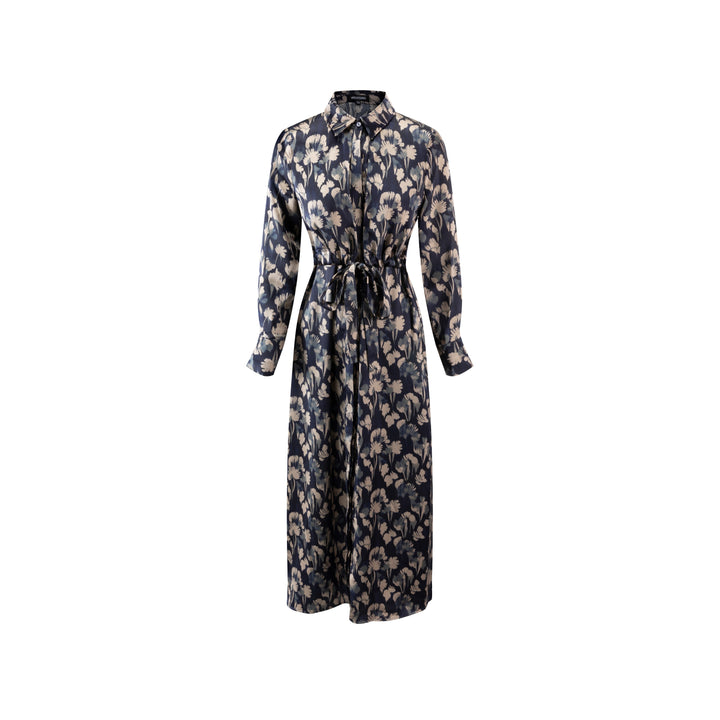 Navy Abstract Flower Printed Tie Waist Shirt Dress