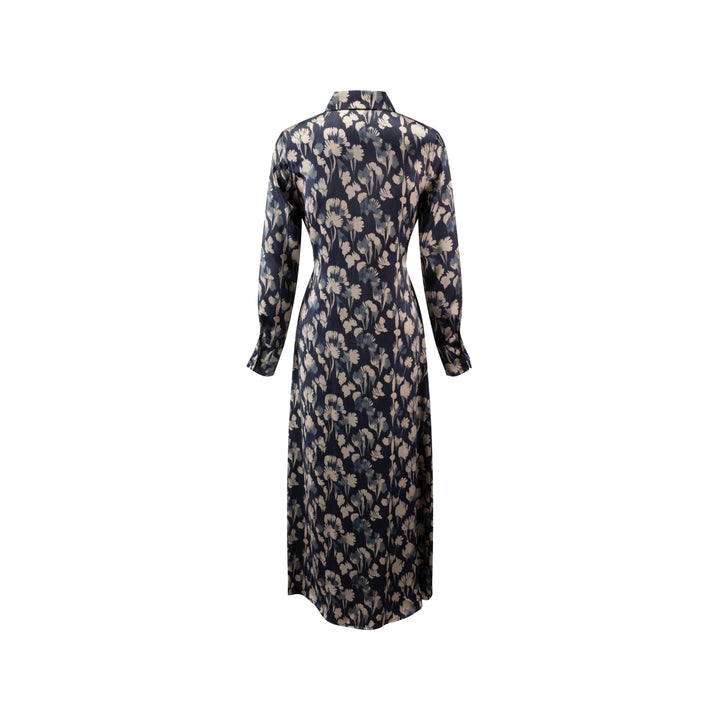 Navy Abstract Flower Printed Tie Waist Shirt Dress