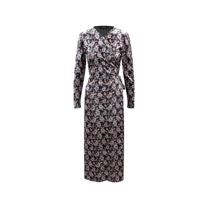 Black Velvet Flower Printed Wrap Dress