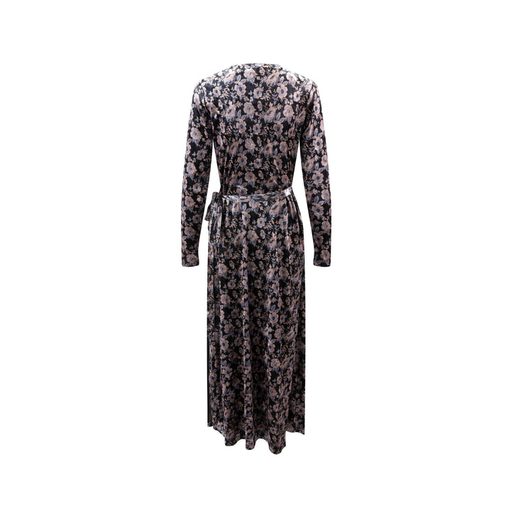 Black Velvet Flower Printed Wrap Dress