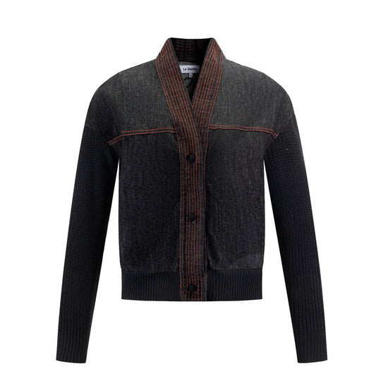 Black Denim Jacket With Knit Sleeves And Orange Stitching