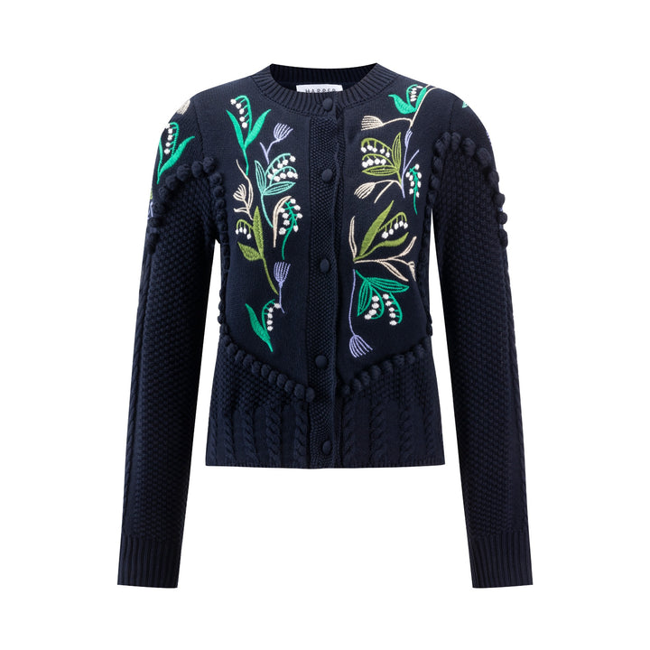 Blue Knit Cardigan With Leaves Embroidary