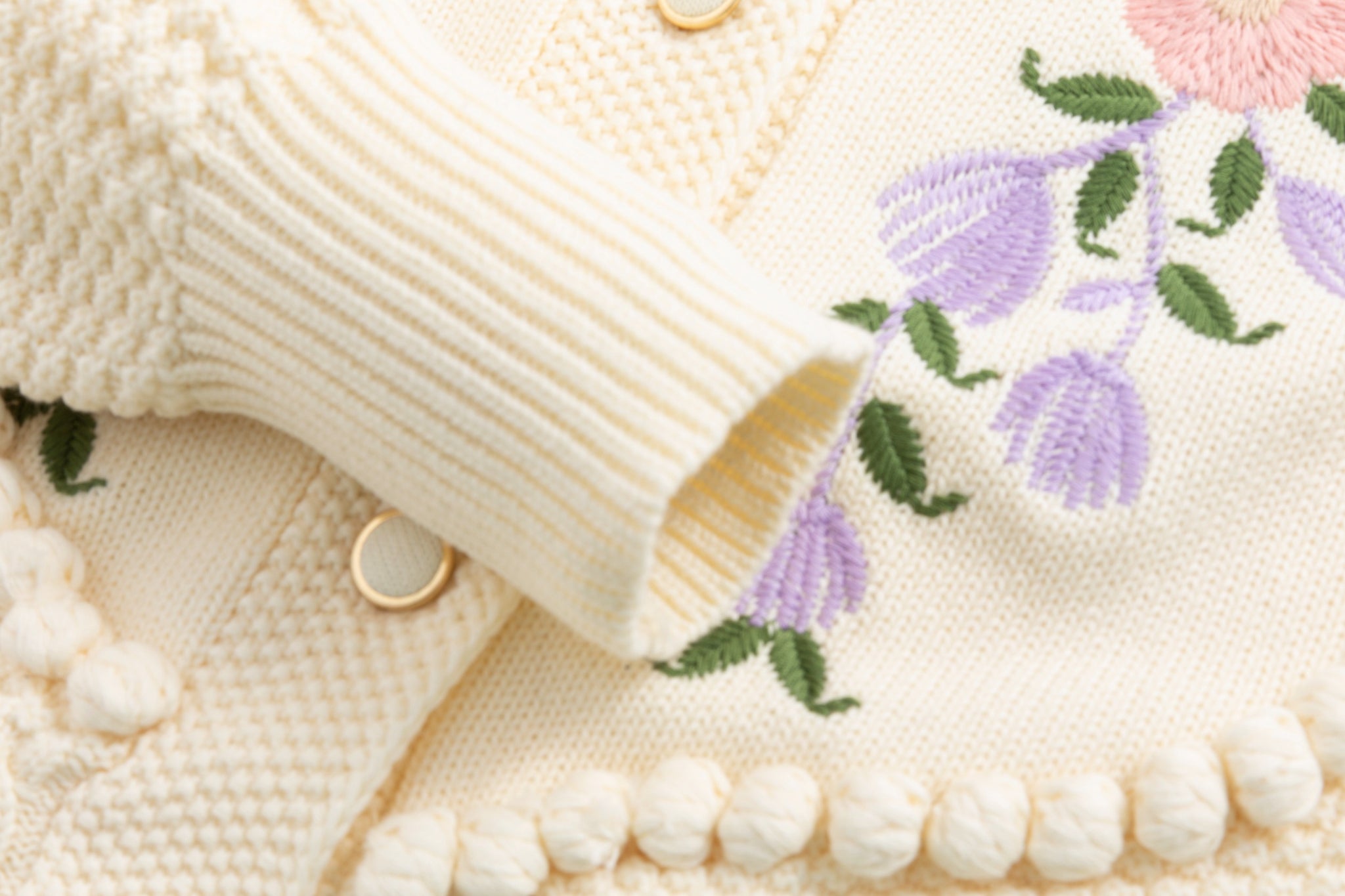 Ivory Knit Sweater With Floarl Embroidery