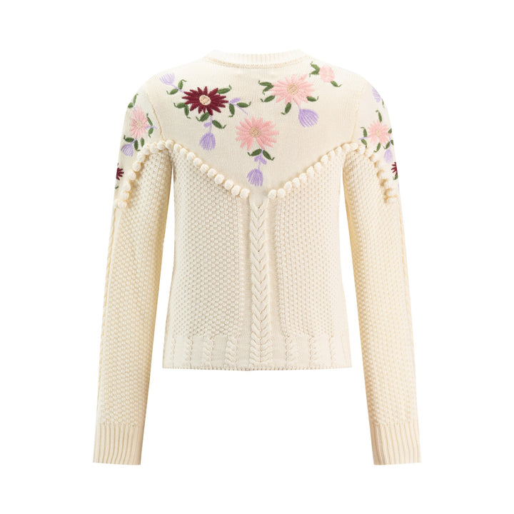 Ivory Knit Sweater With Floarl Embroidery