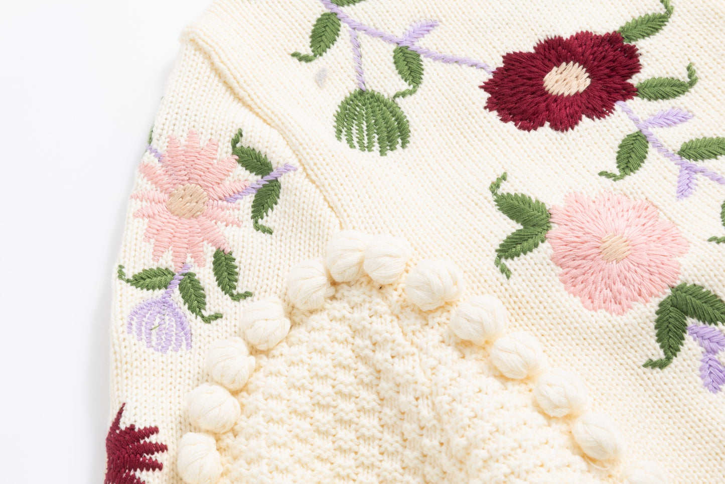 Ivory Knit Sweater With Floarl Embroidery