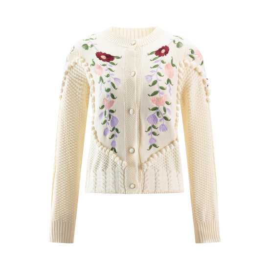 Ivory Knit Sweater With Floarl Embroidery