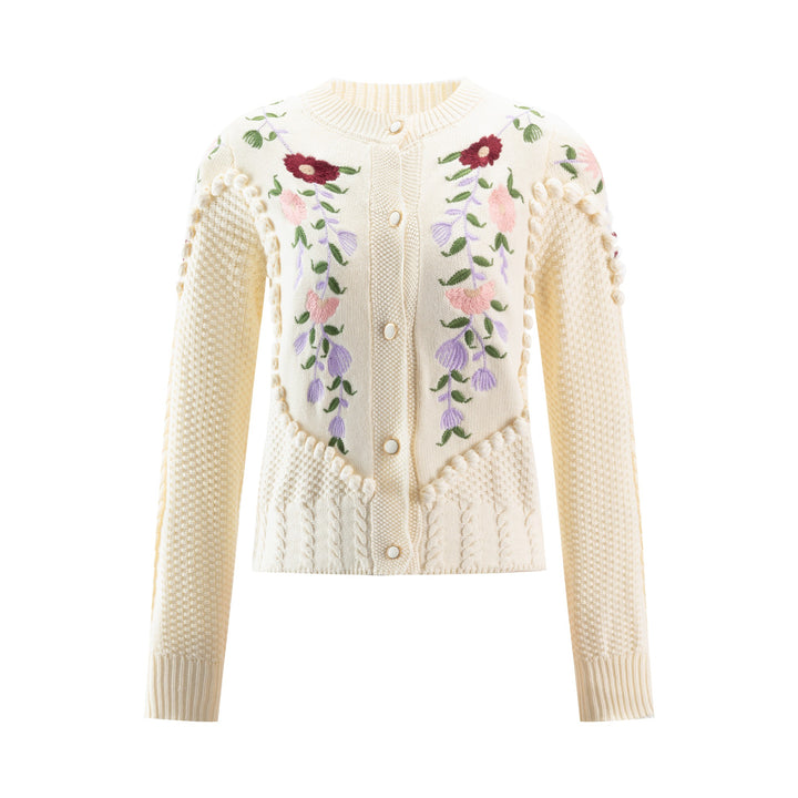 Ivory Knit Sweater With Floarl Embroidery