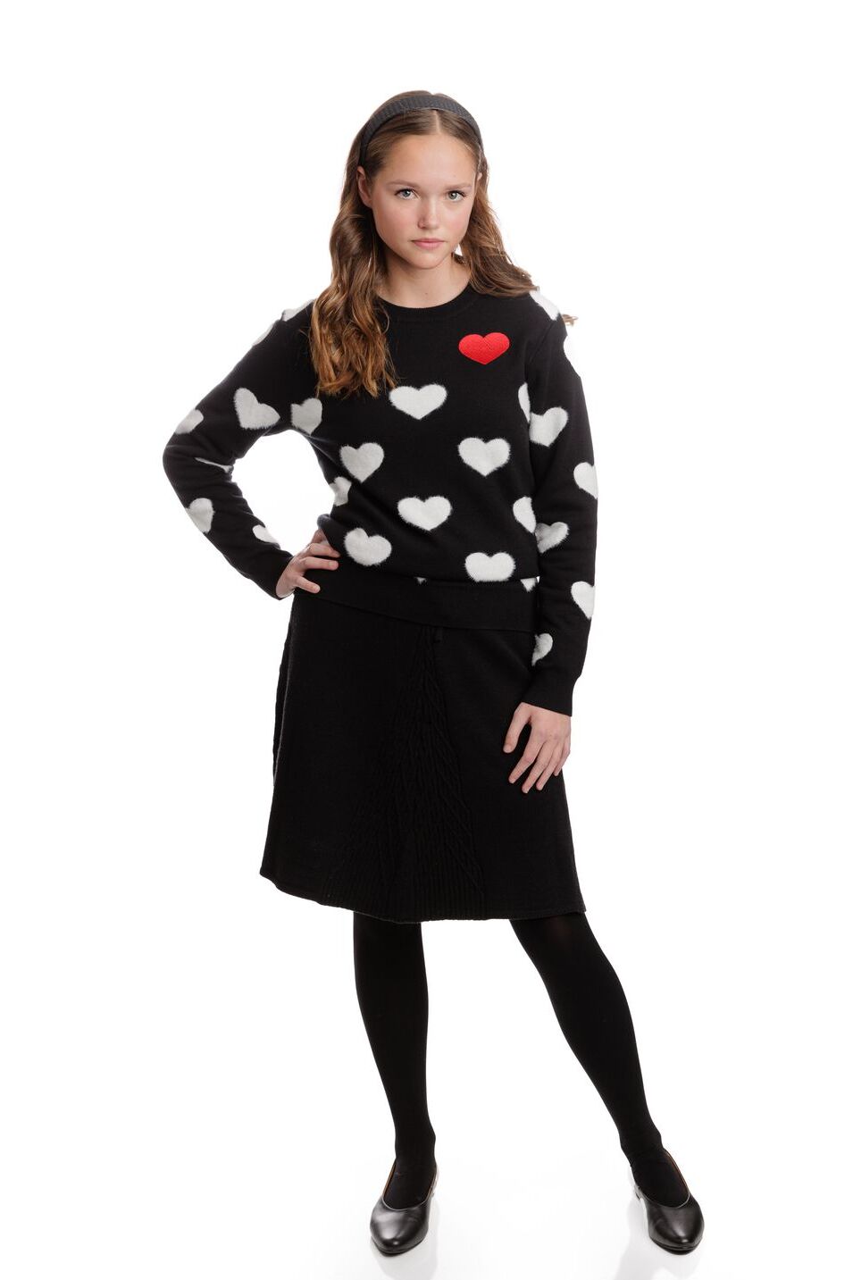 Black Knit With White Fuzzy Hearts