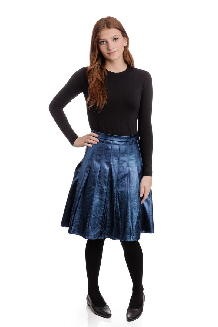 Blue Metallic Knit Plkeated Skirt