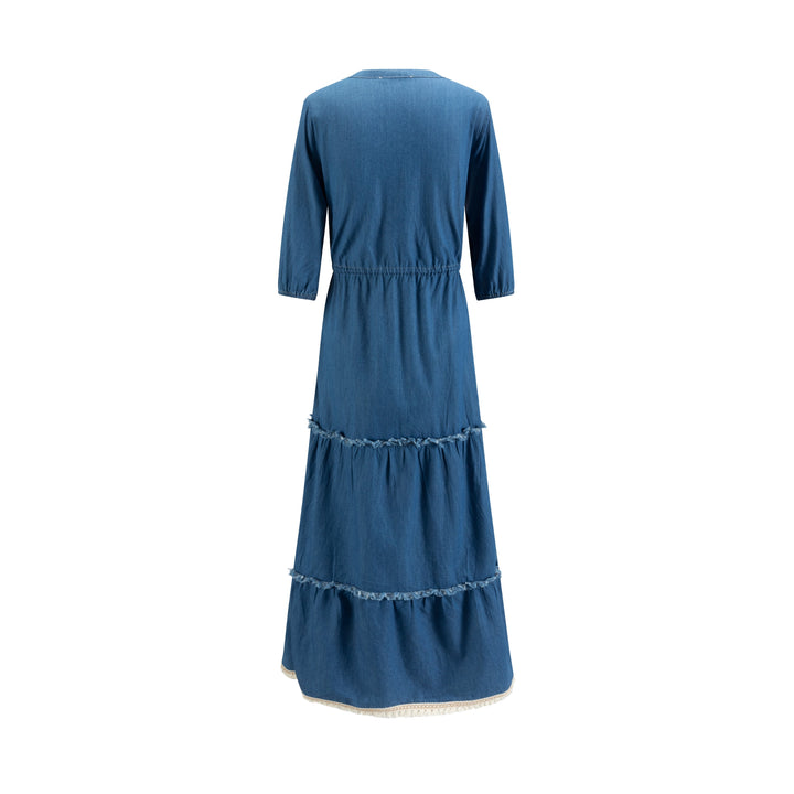 Blue Denim Layer Dress With Tassels