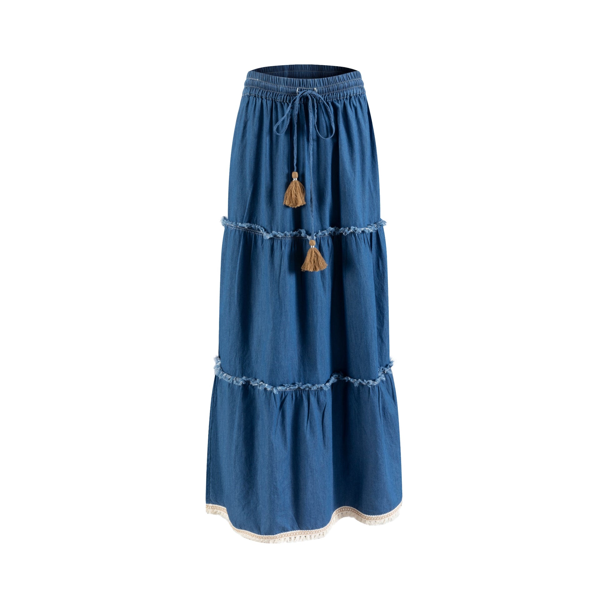 Blue Denim Layer Skirt With Tassels