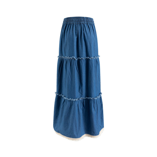 Blue Denim Layer Skirt With Tassels